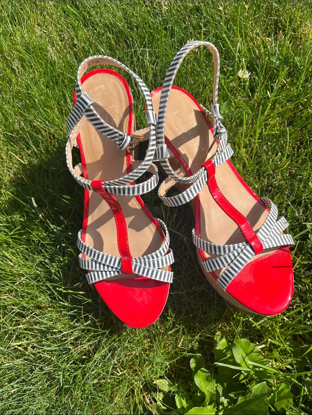 Kate Spade 7.5 Red Strappy Women's Sandals with Black-and-White Striped Accents